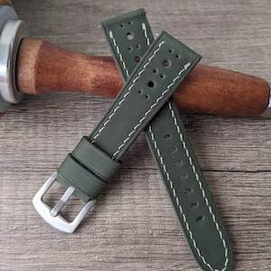 Green Soft Leather Watch Band, Handmade Watch Strap, 20mm 22mm 24mm 26mm watch strap, Hand sewing watch band