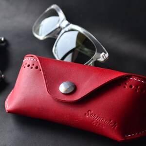 Handmade Red Leather Glasses Case: Vegetable Tanned Leather