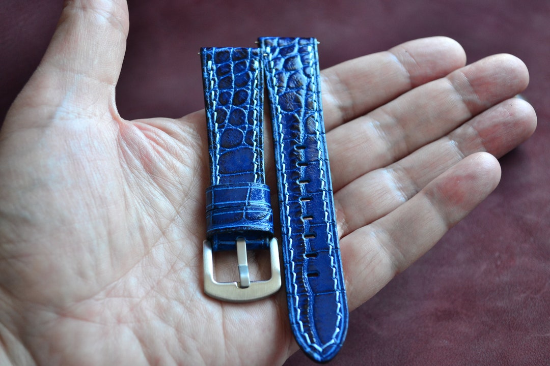 Blue Leather Watch Strap, Calfskin Handmade Watch Band, 18mm 20mm 22mm