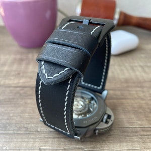 Soft Black Watch Band. 22mm 24mm 26mm Leather Handmade Watch Strap. Custom Size watch Strap. 100% HANDMADE HAND SEWING