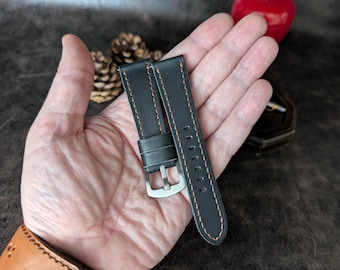 Handmade Black Leather Watch Strap: 18mm-26mm Custom Band
