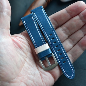 Blue Leather Watch Strap Calfskin, Handmade Soft Watch Band, 18mm 20mm 22mm 24mm mm Wristwatch Handcrafted strap