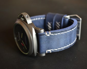 Blue Soft Leather Watch Strap, Handmade Watch Band calfskin custom made 26mm 24mm 22mm