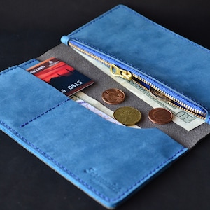 Cartera larga de cuero completo gris, cartera con cremallera hecha a mano, cartera de carpeta hecha a mano, cartera suave para él, cartera para ella, -Rinaldi Bulgar-