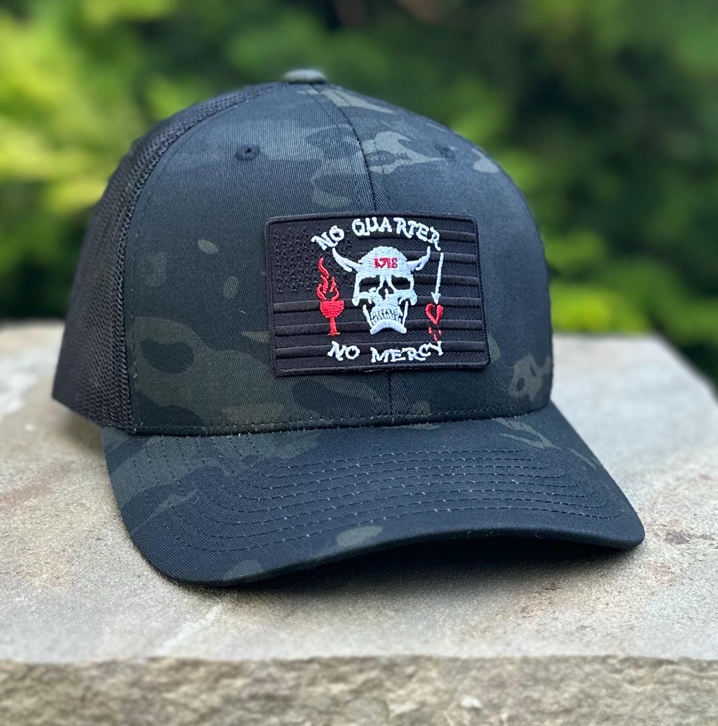 Black Multicam Snapback Hat and No Quarter No Mercy Black