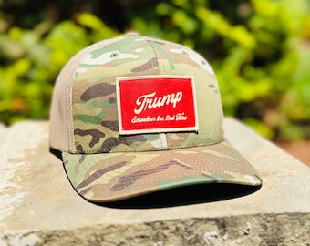 Red Trump “Smoother the 2nd Time” Patch with Multicam Camo SnapBack Trucker Hat by Concord & Lex