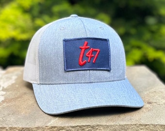 Trump t47 Patch Trucker Hat - Navy & Red on Heather Grey