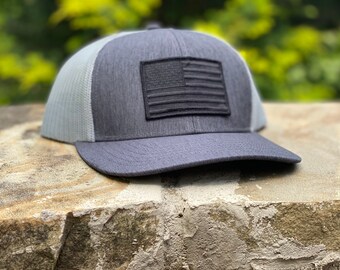 Black American Flag Hat, Medium Heathered Gray Snapback Trucker Style by Concord & Lex