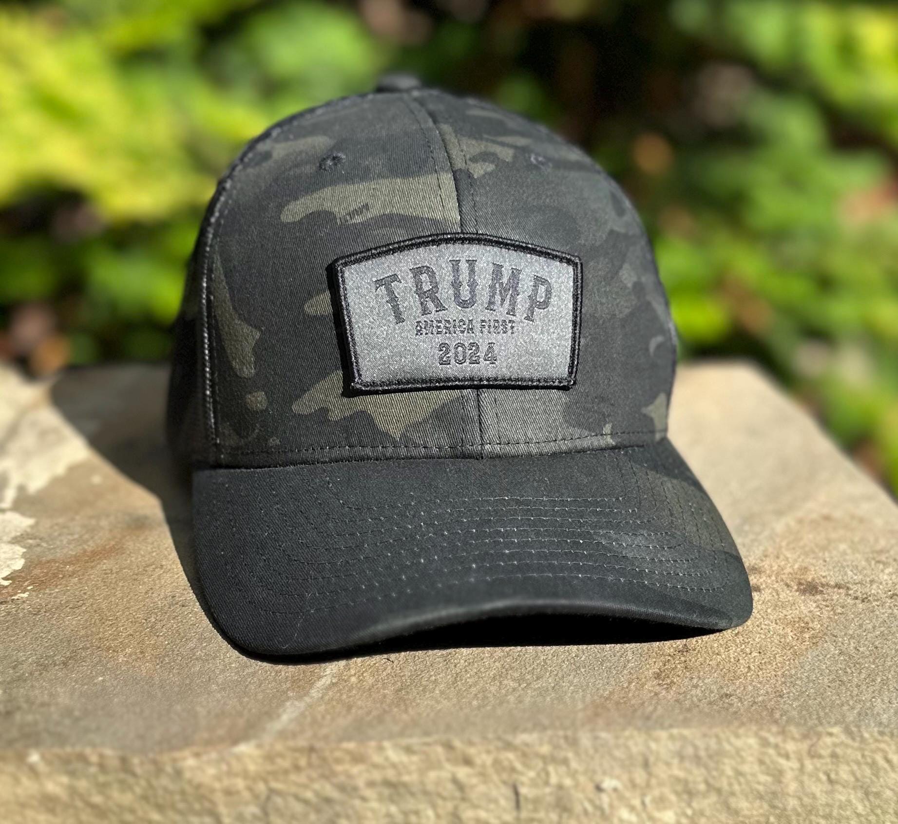 Grey Shield Trump 2024 America First Patch and Black Multicam Camo SnapBack Hat by Concord & Lex