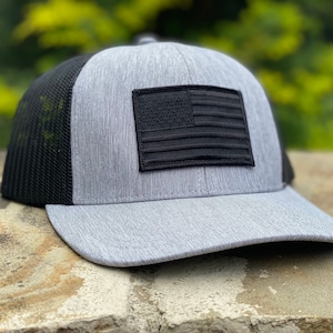 LIMITED - Black American Flag Hat, Patch with Light Heathered Gray and Black Mesh SnapBack Trucker Style by Concord & Lex