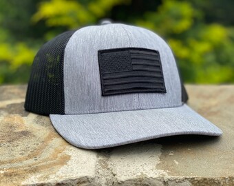 LIMITED - Black American Flag Hat, Patch with Light Heathered Gray and Black Mesh SnapBack Trucker Style by Concord & Lex