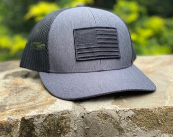 Black American Flag Patch Hat: Heathered Gray Trucker SnapBack