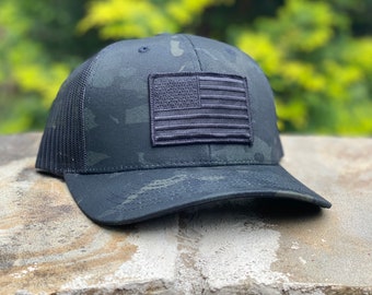 Blacked Out American Flag Patch with Black Multicam SnapBack Trucker Style Hat by Concord & Lex