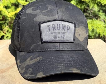 Trump 45*47 Patch Hat, Black Multicam Camo SnapBack