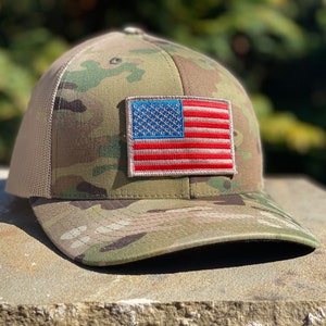 Multicam Camo Hat with Embroidered Subdued USA American Flag Patch, SnapBack Trucker Style, by Concord & Lex