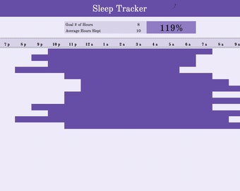 May include: A purple and white sleep tracker chart with a goal of 8 hours of sleep. The chart shows the average hours slept is 10, which is 119% of the goal. The chart shows the time to sleep and time awake for each day of the month.