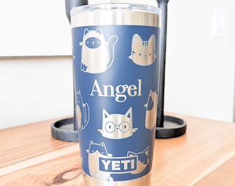Cat Yeti Tumbler, Personalized Feline Mom Gift, Engraved 20oz Stainless Steel Travel Mug