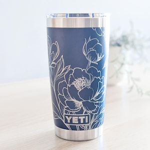 Peony Yeti Tumbler, Personalized Floral Nature Gift, Engraved 20oz Stainless Steel Travel Mug