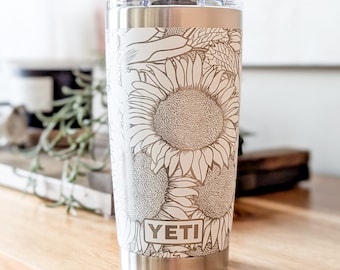 Sunflower Yeti Tumbler, Floral Garden Lover Gift, Engraved 20oz Stainless Steel Travel Mug