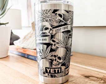 20oz - 360 Skull & Marijuana Leaf Engraved Yeti Tumbler - Custom Stainless Steel Insulated Cup - Unique Goth-Inspired Drinkware