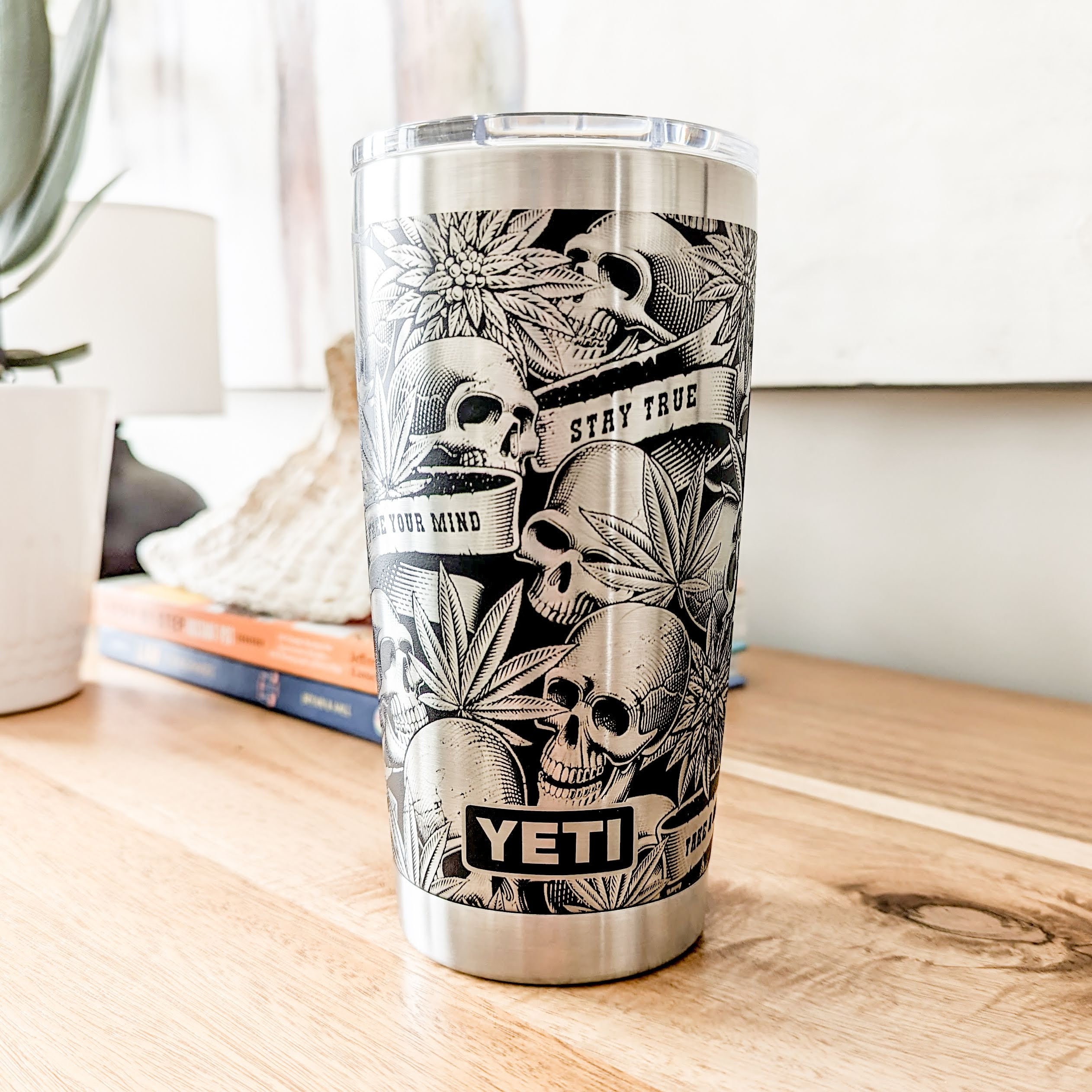 Skull Marijuana Yeti Tumbler, Weed Leaf Goth Gift, Engraved 20oz