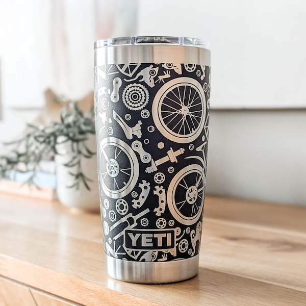 Cycling Yeti Tumbler, Mountain Road Bike Gift, Engraved 20oz Stainless Steel Travel Mug