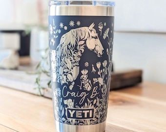 Floral Horse Yeti Tumbler, Personalized Equestrian Floral Gift, Engraved 20oz Stainless Steel Travel Mug