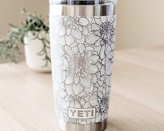 360 gegraveerde jeti-beker dahliabloem – botanische beker, bloemencadeau, drinkgerei voor tuinliefhebber