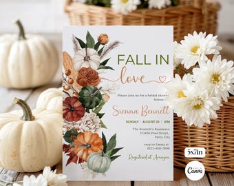 Fall Bridal Shower Invitation Autumn Pumpkin Invite Fall in Love Editable Template Rustic Party
