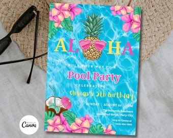 Può includere: Un invito a una festa in piscina blu e rosa con un ananas che indossa occhiali da sole e il testo "Aloha Hula Your Way To A Pool Party Celebrating Olivia's 5th Birthday".