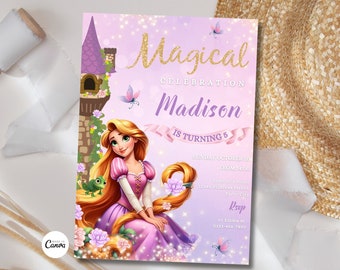 Può includere: Un invito viola e rosa con un'immagine di cartone animato di Rapunzel dal film Disney Rapunzel. L'invito dice "Celebrazione Magica Madison compie 5 anni" e include i dettagli per una festa domenica 20 ottobre alle 14:00.