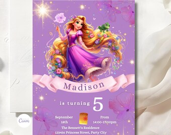 Puede incluir: Invitación de cumpleaños morada con una imagen de dibujos animados de Rapunzel de la película de Disney Enredados. La invitación dice "Madison cumple 5 años" e incluye detalles para la fiesta, como la fecha, la hora, el lugar y la información de RSVP.