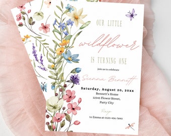 Editable Floral 1st Birthday Invite, Wildflower Birthday Party Invitation Template, Garden Party Birthday, Girls Birthday Flower Invitation