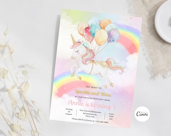 Editable Unicorn Birthday Invitation Magical Pastel Rainbow Unicorn Birthday Party Girl Pink Pastel Magical Birthday Personalized Invitation
