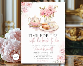 May include: A pink and white bridal shower invitation with a watercolor illustration of a teapot, teacups, and macarons. The text reads "Time for Tea with the bride-to-be" and includes the bride's name, Sienna Bennett, the date and time of the event, and the location.