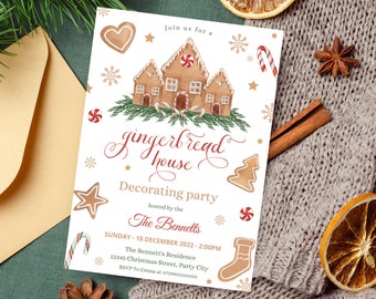 Editable Gingerbread House Decorating Party Invitation, Gingerbread Cookie Decorating Party Card, Holiday Cookie Party Card Instant Download