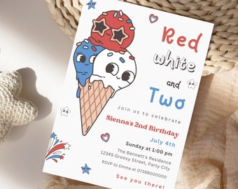Editable Red White and Two Birthday Invitation, 4th of July Patriotic 2nd Birthday Invitation Template, Retro Fourth of July Digital Invite
