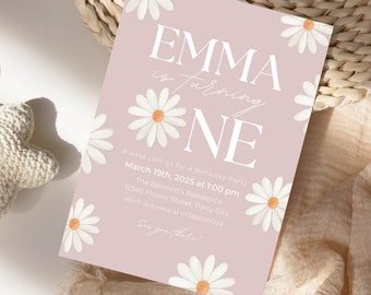 Editable Retro Daisy First Birthday Party Invitation Daisy 1st Birthday Invite Floral Digital Invite Printable Template Daisy Card Daisy 01