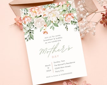 Editable Mother's Day Invitation Blush Pink Floral Mother's Day Brunch Invitation, Mother's Day Celebration Invite Instant Download Template