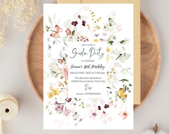 Editable Garden Party Invitation Template, Birthday Party Invitation, Butterfly Wildflowers Invite, Floral Wreath Invite, Instant Download