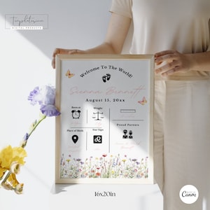 Cartel floral editable para anuncio de nacimiento, plantilla de letrero decorativo con flores silvestres, estadísticas de nacimiento de bebé imprimibles, descarga instantánea, flores silvestres 02