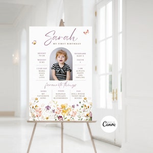 Éditoriale Floral premier anniversaire étape importante fille 1er anniversaire Photo étape importante affiche personnalisable fleurs imprimable décoration fleurs sauvages 01