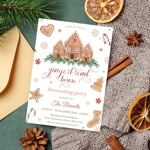 Editable Gingerbread House Decorating Party Invitation, Gingerbread Cookie Decorating Party Card, Holiday Cookie Party Card Instant Download