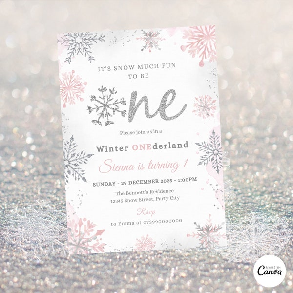Editable WINTER ONEderland Invitation, Pink Silver Winter Wonderland Invite, Girl Snowflake First Birthday Party Template, Instant Download