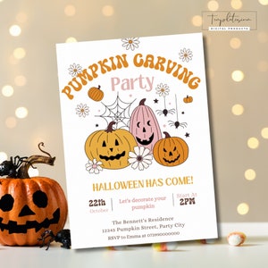 Editable Pumpkin Carving Party Invitation Retro Spooky Pumpkin Halloween Party Template Halloween Birthday Fall Pumpkin Carving Invitation