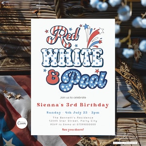Bewerkbare 4 juli verjaardagsuitnodiging sjabloon, retro Fourth of July-kaart, rood wit en zwembad patriottische uitnodiging, zwembad uitnodigen digitale download