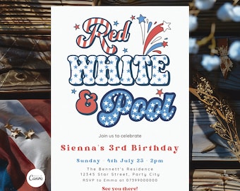 May include: Red, white, and blue birthday party invitation with stars and fireworks. Sienna's 3rd Birthday. Sunday, July 4th, 2pm. The Bennett's Residence, 12345 Star Street, Party City. RSVP to Emma at 07399000000. See you there!