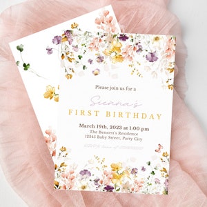 Editable Floral 1st Birthday Invite Wildflower Birthday Party Template Garden Party Birthday Girl Birthday Flower Invite Wildflower 01