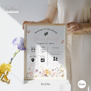 Editable Floral Birth Announcement Poster Wildflower Decoration Sign Template Printable Baby Birth Stats Instant Download Wildflower 01