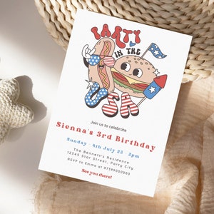 Editable 4th of July Birthday Invitation Template, Retro Fourth of July Invitation, Party in the USA Patriotic BBQ Invite, Instant Download